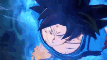 a close up of a person 's face with a blue background and a cartoon character .