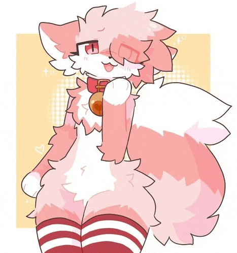 a drawing of a pink and white furry animal wearing striped socks and a bell around its neck .