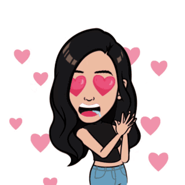 a cartoon of a woman with heart shaped eyes surrounded by hearts