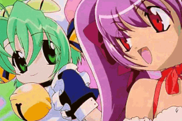 two anime girls are standing next to each other