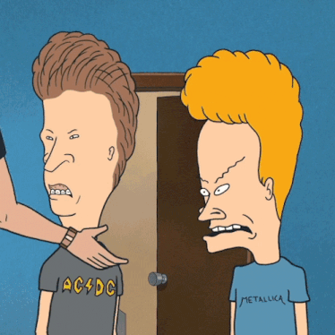 beavis and butthead are standing next to each other and beavis is wearing an ac dc shirt