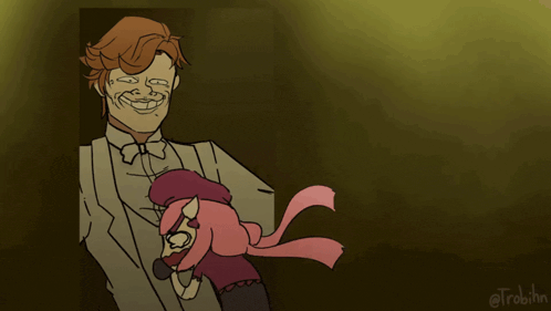 a cartoon of a man holding a stuffed animal that says ' hahaha ha ' on the bottom