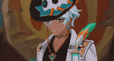 a cartoon character wearing a hat with a cross on it and a feather around his neck