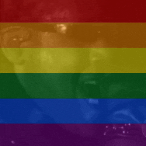 a close up of a person 's face with a rainbow flag behind it .