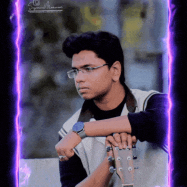a man wearing glasses and a watch is holding a guitar in front of a purple glowing background