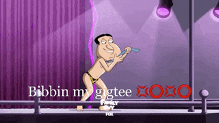 a cartoon of a man on a pole with the words bibbin my gigtee xoxo on the bottom