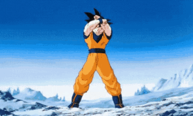 a cartoon character named goku is standing in the snow with his arms outstretched