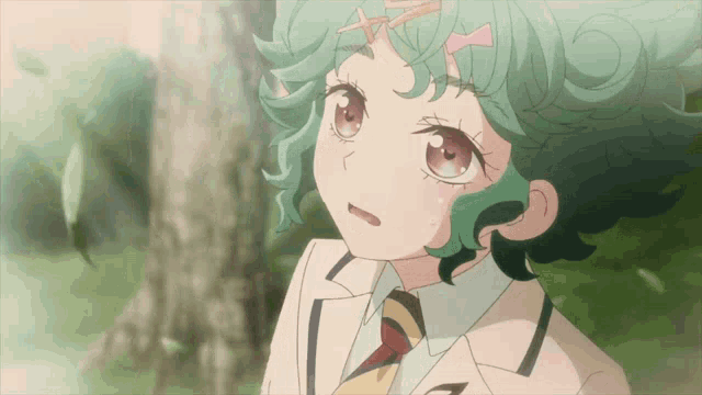 a girl with green hair is wearing a tie