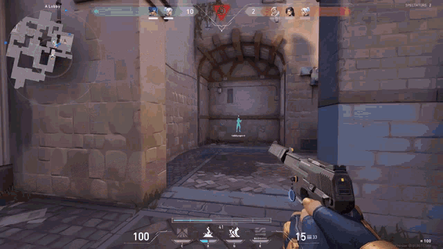 a person holding a gun in a video game with a score of 15 to 2