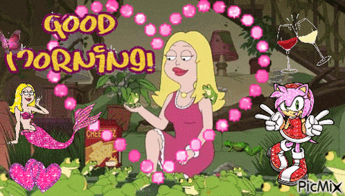a cartoon of a woman holding a frog with the words good morning written above her