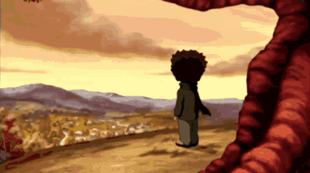 a cartoon of a boy standing on a hill looking at a sunset