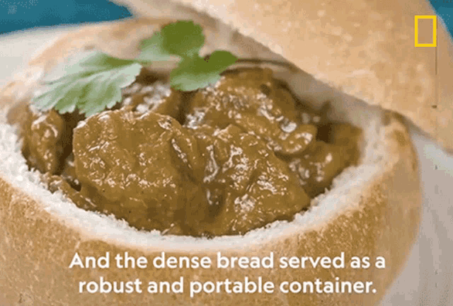 a close up of a sandwich with the words and the dense bread served as a robust and portable container below it