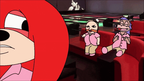 a couple of cartoon characters standing in a bowling alley with a woman in the background