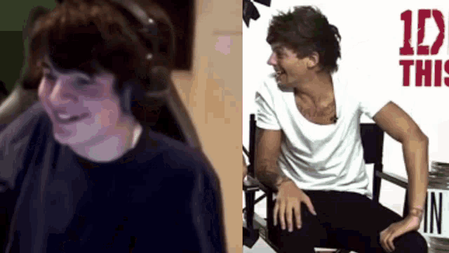 a man in a black shirt is smiling next to a picture of a man in a white shirt that says 1d this on it