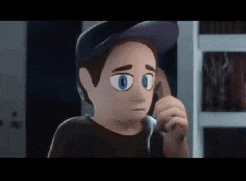 a cartoon boy is talking on a cell phone in a room .