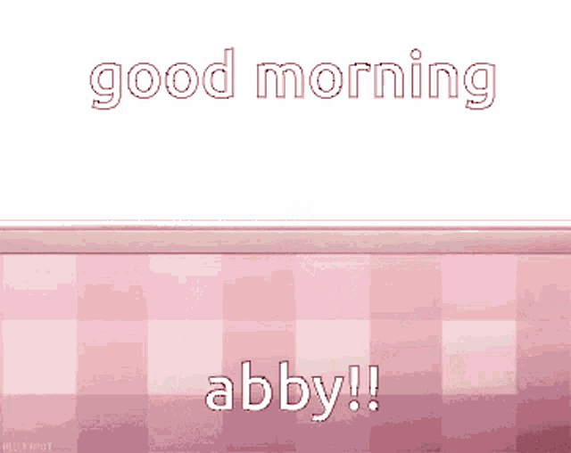 a girl with pink hair is hugging a stuffed animal and says good morning abby !
