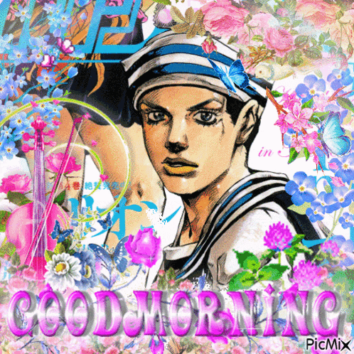 a picture of a man with flowers and the words good morning picmix