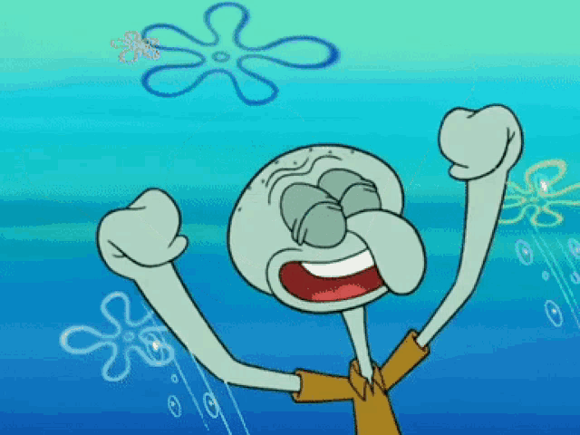 a cartoon of squidward from spongebob raising his fist in the air