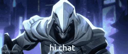 a video game character with a hood and the words hi chat