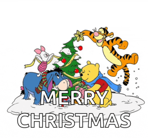a cartoon of winnie the pooh piglet eeyore and tigger with the words merry christmas below them