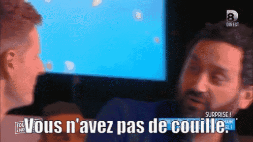 a man with a beard is talking to another man with the words " vous n'avez pas de couille "