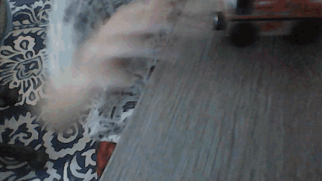 a blurred image of a couch with a floral pattern and a toy truck on the floor
