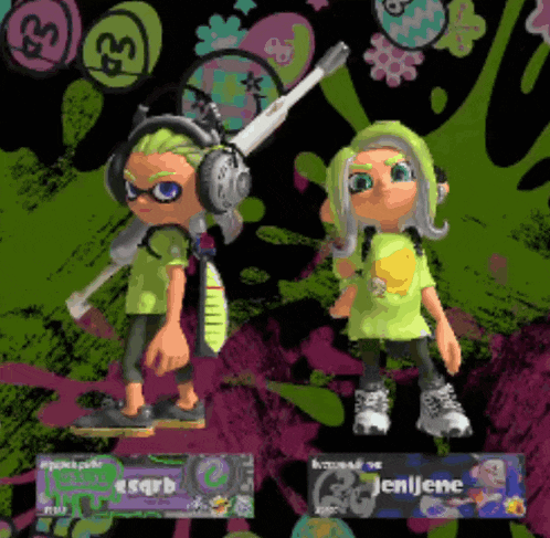 a boy and a girl are standing next to each other and the girl is wearing a green shirt that says jenjene
