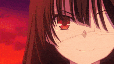 a close up of a anime girl with red eyes