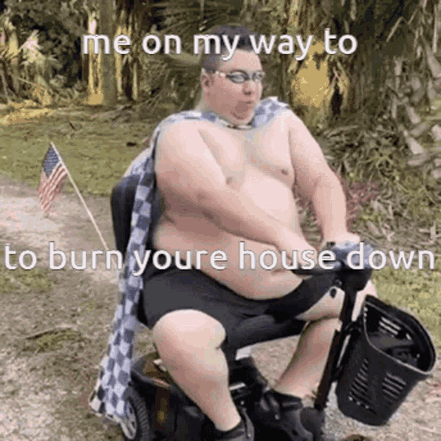a shirtless man is sitting in a mobility scooter with a basket on the ground .