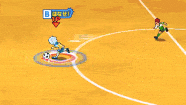 a cartoon character kicks a soccer ball on a field