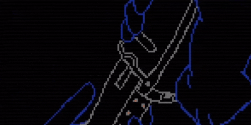 a black and blue pixel art of a person holding a gun
