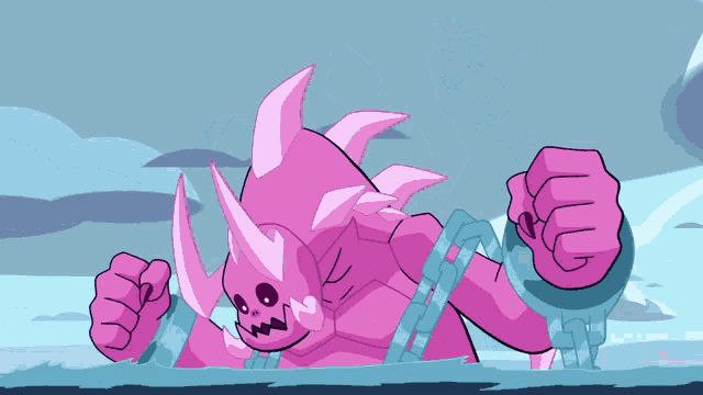 a pink monster with horns is chained to a pole