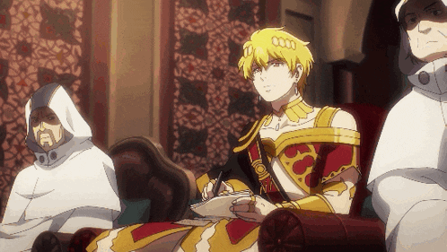 a man with gold hair is writing on a piece of paper in a notebook