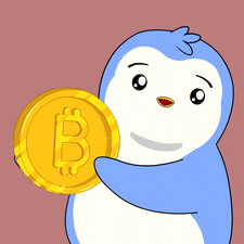 a cartoon penguin is holding a gold coin with the letter b on it