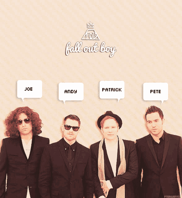 a poster for fall out boy shows four men in suits and sunglasses