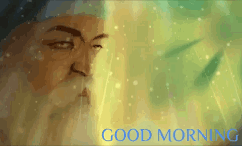 a painting of a man with a beard and the words good morning on the bottom