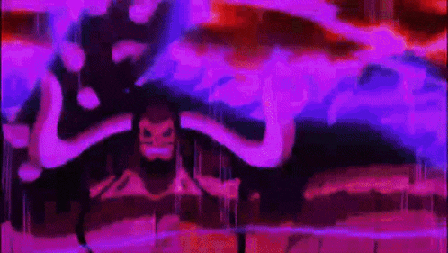 a cartoon character with a beard and horns is standing in front of a purple and red background .