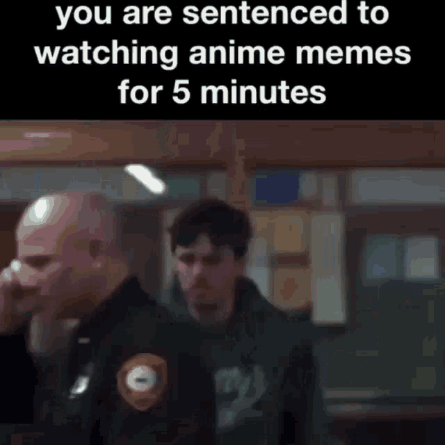 a police officer is standing next to a man who is watching anime memes for 5 minutes .