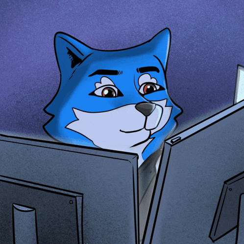a cartoon drawing of a blue fox looking at a computer monitor