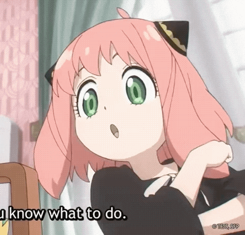 a girl with pink hair and green eyes says i know what to do ..