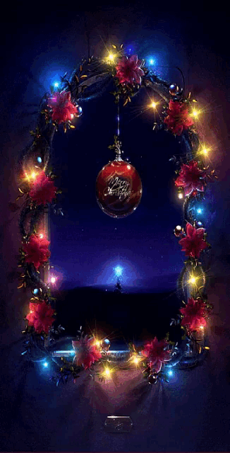 a christmas wreath with a merry christmas ornament hanging from the top