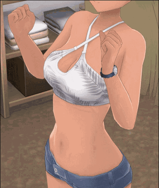 a woman in a crop top and shorts is standing in front of a shelf of clothes