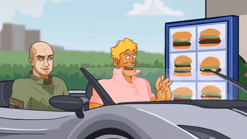 a man in a car talking to another man in front of a hamburger menu