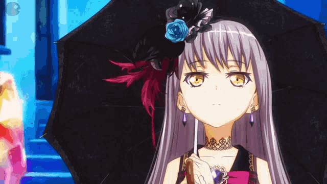 a girl with a black umbrella and a flower in her hair
