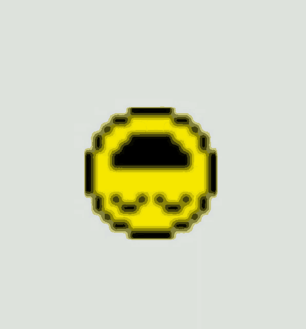 a pixel art drawing of a yellow smiley face with a black cloud in the middle .