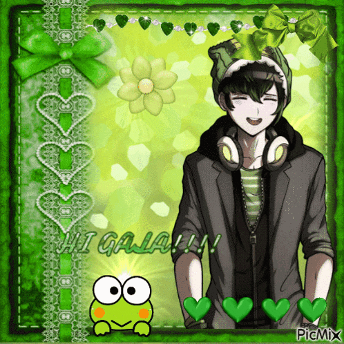 a picture of a boy with a frog hat and the words hi gala
