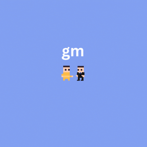 gm is written on a blue background next to two pixelated characters