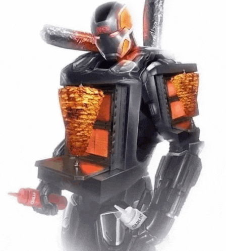 a robot is holding a bottle of ketchup and a bottle of mustard