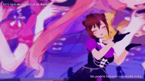 a cartoon of a girl in a purple dress with the words " no podria hacerlo con nadie mas "