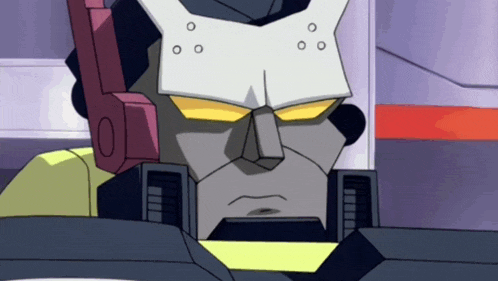 a close up of a cartoon character 's face with a yellow eye